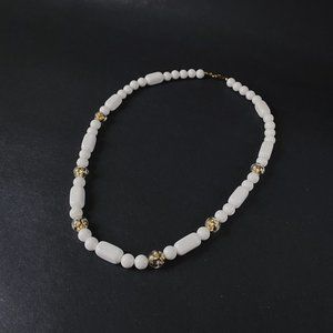 Vintage 25" Crown Trifari Signed White and Gold Chunky Acrylic Beaded Necklace